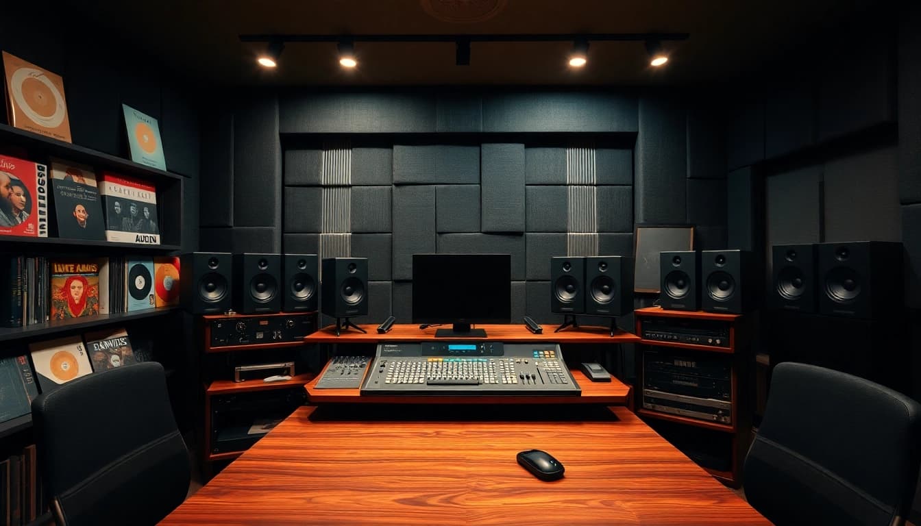 Online audio mastering setup in a professional studio with advanced equipment and warm lighting.
