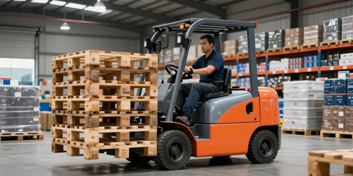 Electric loader stacking pallets in a busy warehouse setting demonstrating efficiency and advanced technology.