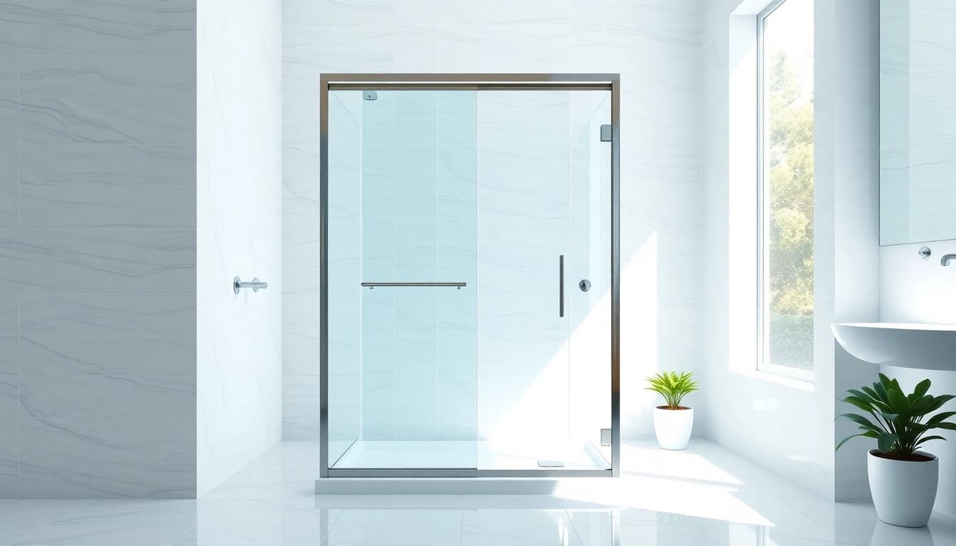 Showcase of a minimalist shower screen sliding door in a stylish bathroom environment.