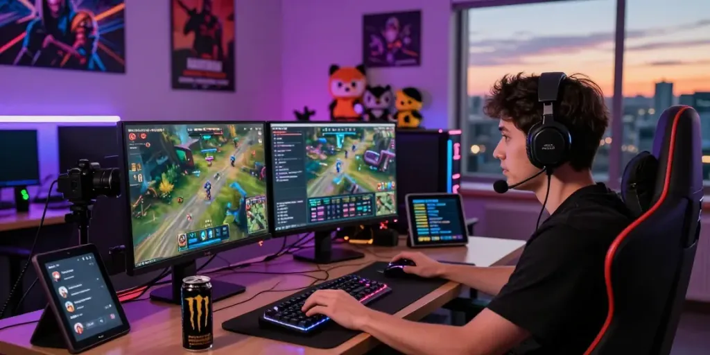 Rokok88 daftar gaming scene with professional streamer in vibrant studio