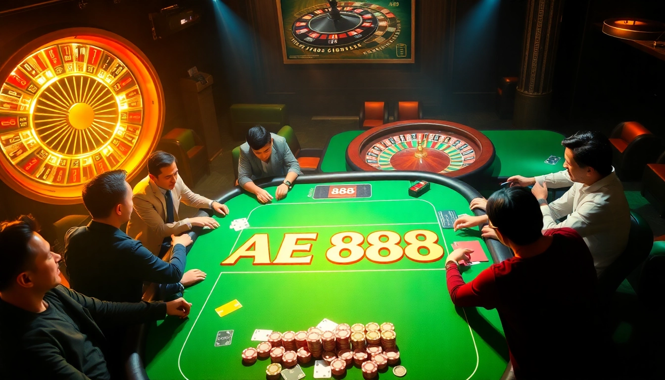 Players enjoying the excitement of AE 888 poker at a luxurious casino table.