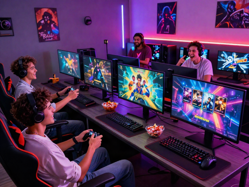 Group of friends having fun playing porn games in a vibrant gaming lounge.