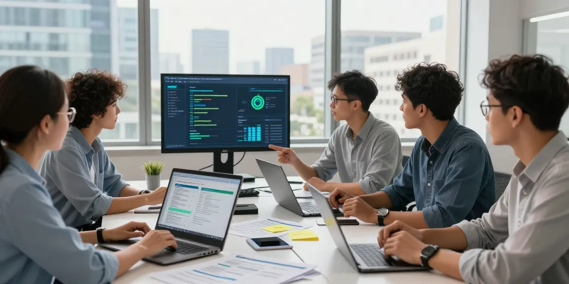 Cyber essentials managed service team in a bright office analyzing compliance reports and cybersecurity strategies.