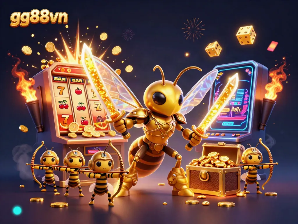 Join the thrilling experience at gg88vn with vibrant gaming elements and a dynamic beehive warrior scene.