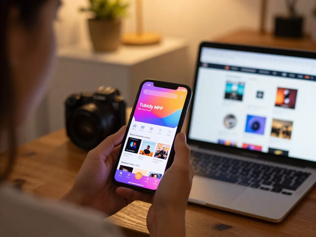 Tubidy MP4 shows user downloading music on mobile while studying formats in cozy setting