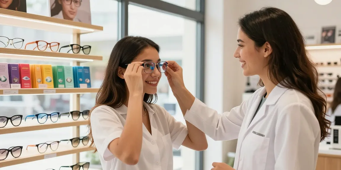 Cliente experimentando lentes de contato na Ótica FAGLUX com a ajuda da equipe.