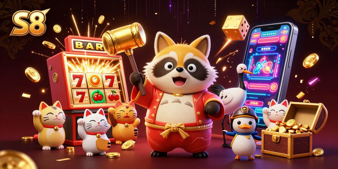 S8 casino scene with cheerful tanuki, jackpot explosion, and festive elements creating a vibrant atmosphere.