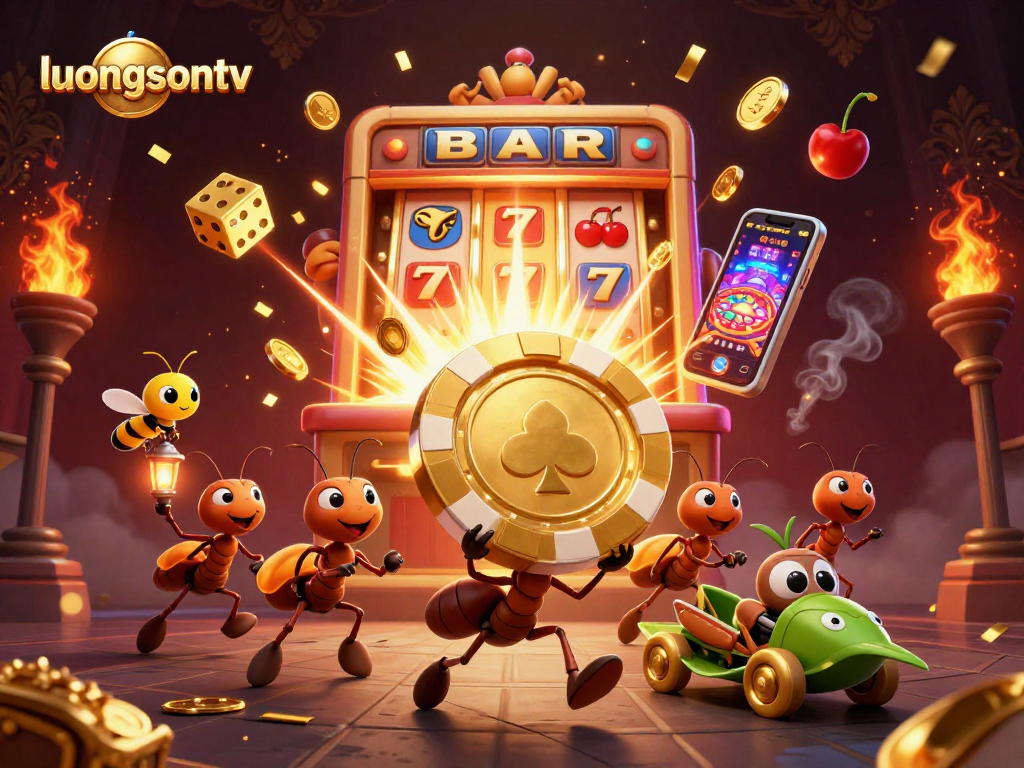 Ants heist with luongsontv golden chip among vibrant casino-themed explosion effects.