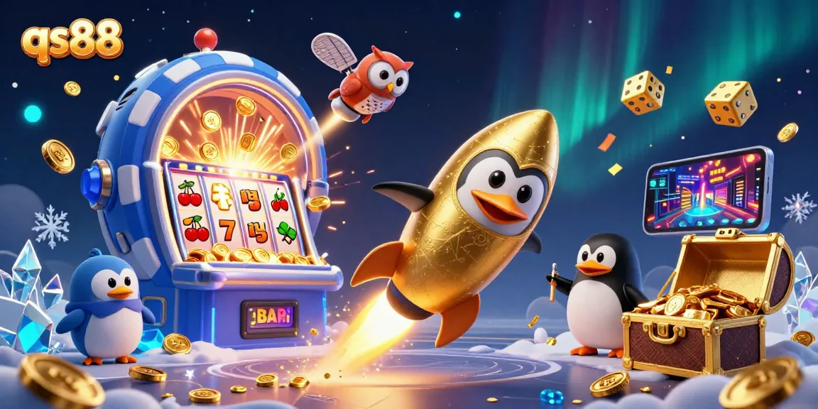 Experience the thrill with qs88, where a golden penguin blasts off to a cosmic casino filled with jackpots and treasures.