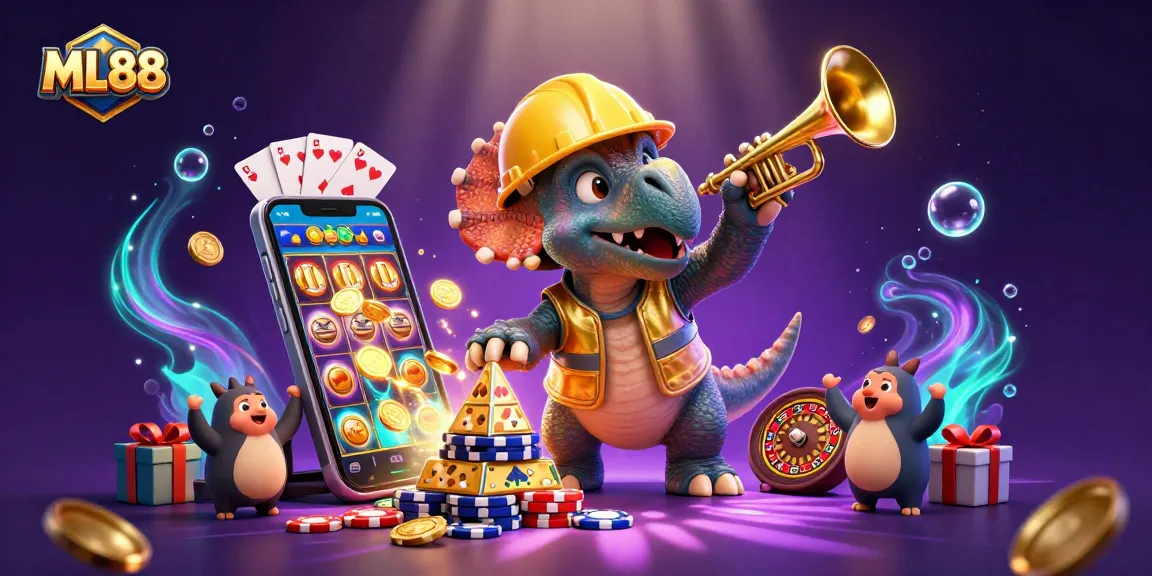 Experience the excitement of ML88 with a vibrant casino scene featuring animated dinosaur characters and slot games.
