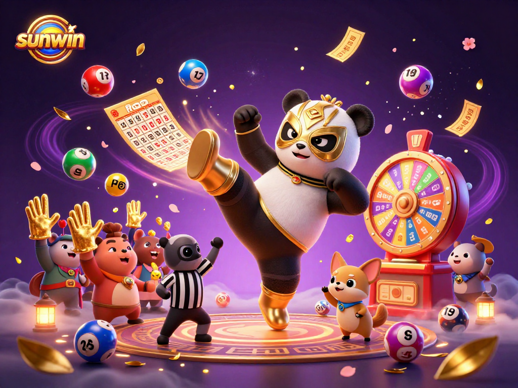 Engage with sunwin: Witness a lively lottery scene with vibrant characters and dynamic game elements.