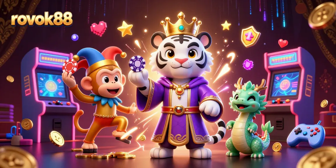 Experience excitement with rokok88 in a vibrant 3D gaming scene featuring a royal tiger and juggling monkey.