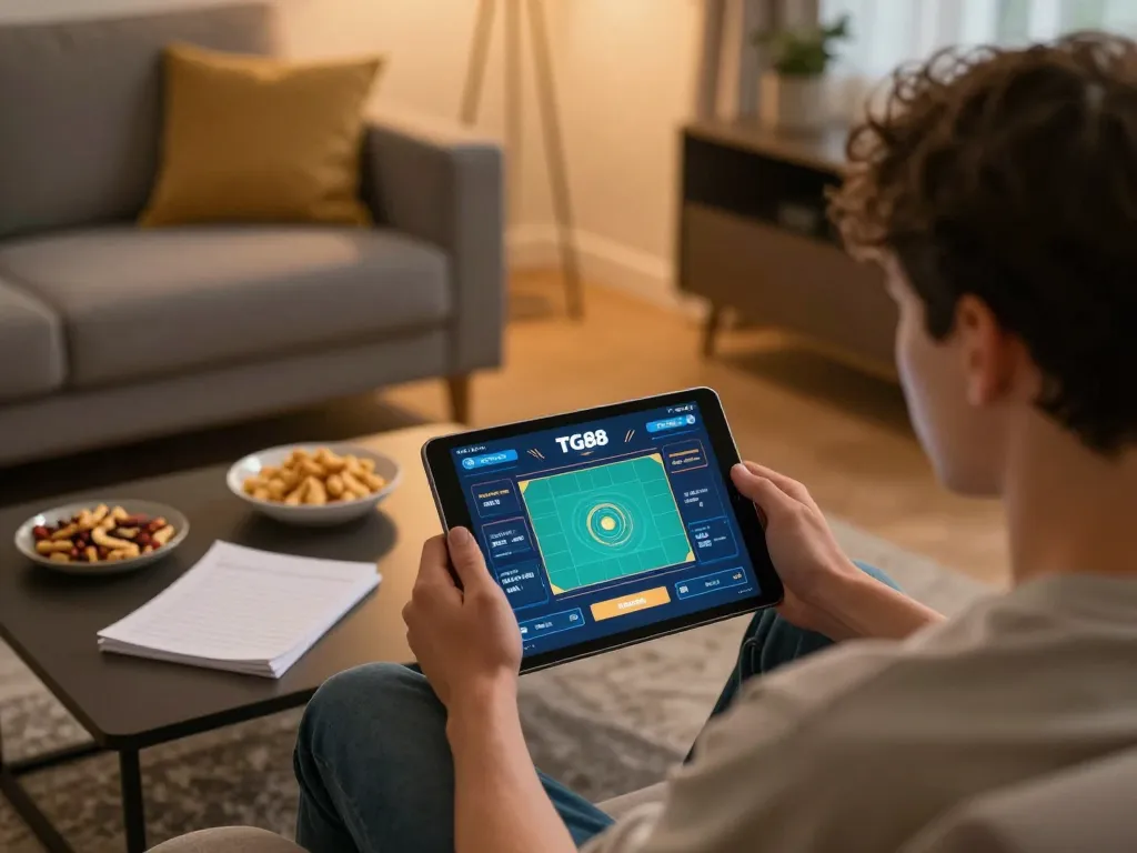 Player enjoying the TG88 app at home, focusing on gaming strategy and responsible gambling.