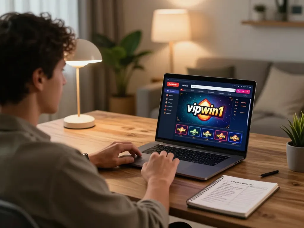 Engage in online casino gaming with vipwin1 on a cozy home setup, laptop displaying thrilling gameplay.