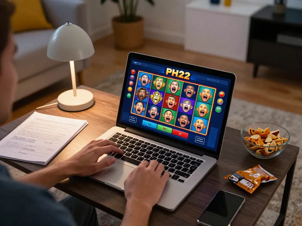 Engaging gameplay on PH22 casino platform, featuring a user celebrating a win during an online slots session.