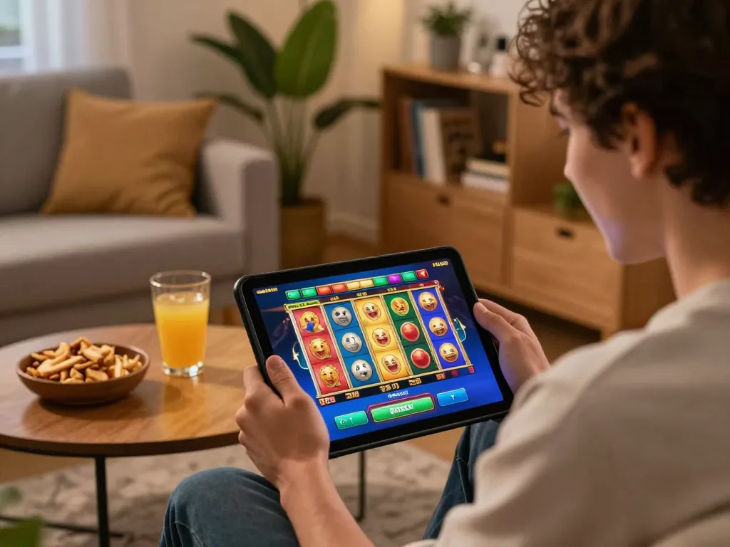 Player enjoying online slots on a tablet, showcasing UU88 com gaming excitement in a cozy setting
