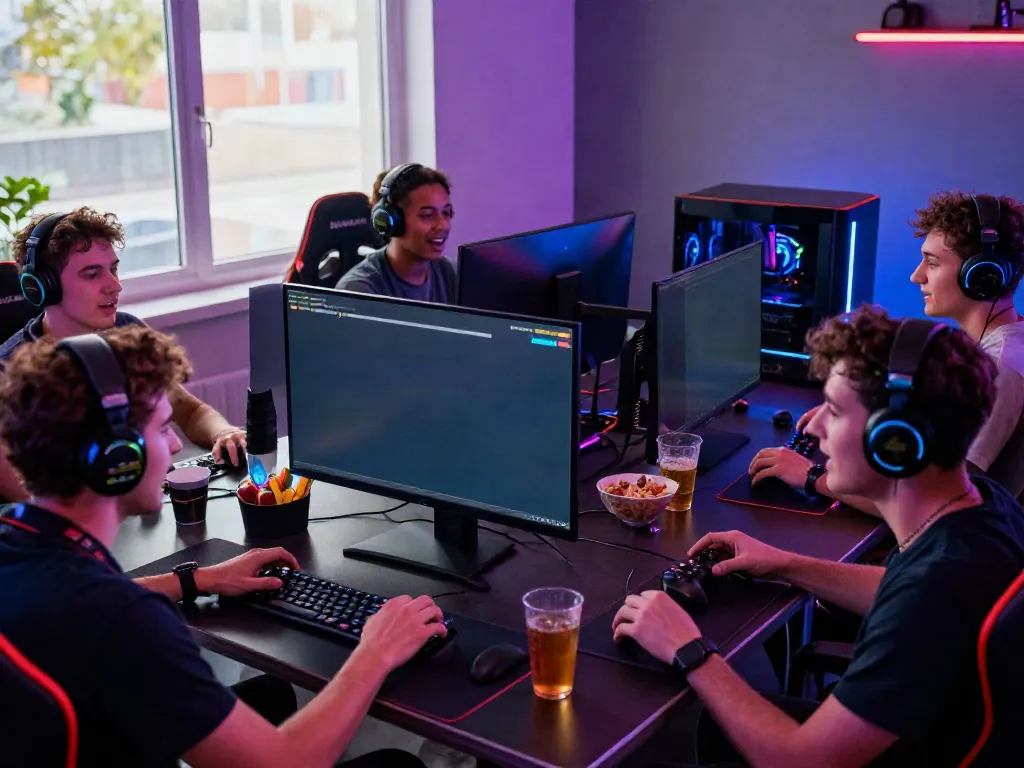 Diverse friends enjoying the rokok88 slot game in a vibrant gaming setup with colorful RGB lighting.