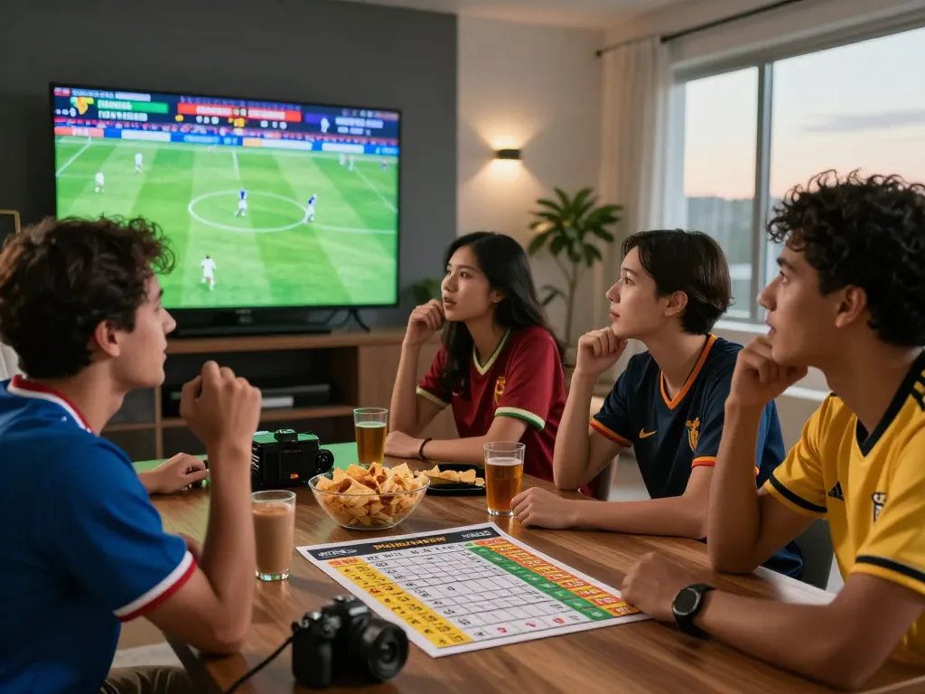 Exciting Judi Bola betting scene with friends watching a live football match, showcasing energy and camaraderie.