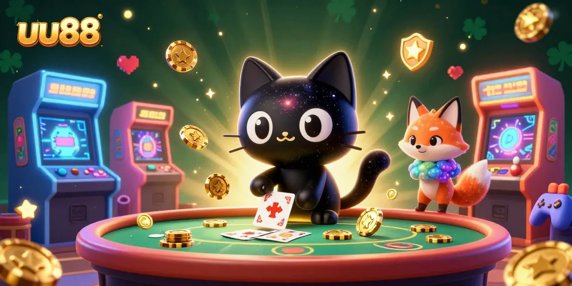 Bet on uu88 with a cosmic cat pulling in golden chips at a vibrant casino.