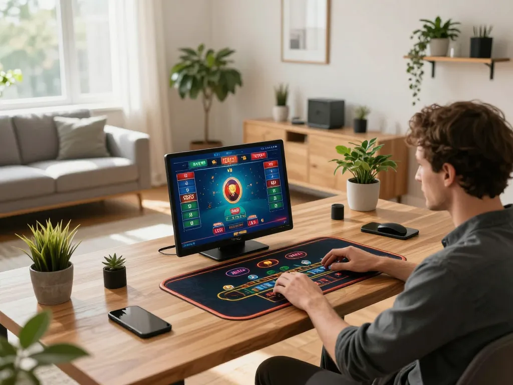 Engaging in live dealer games at F168 with warm home office setup for responsible online gambling.