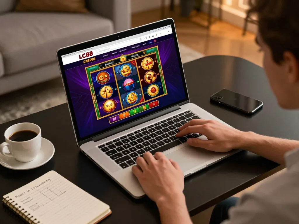 Engaging in online gaming on trang chủ lc88 showcasing vibrant slots with strategy notes.