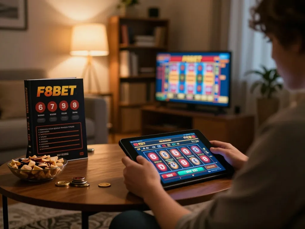 Engaging in F8BET online gaming at home with a tablet displaying slots and betting strategies