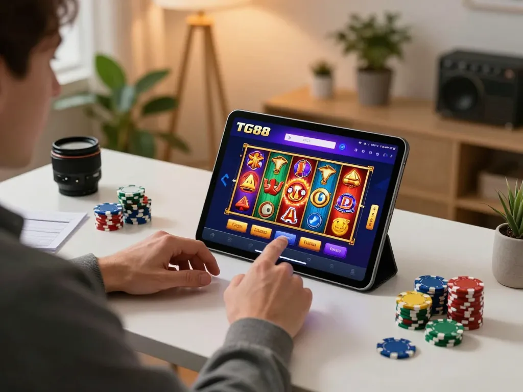 Engaging online gaming experience on trang chủ tg88 casino app, showcasing dynamic slot games while seated at desktop.