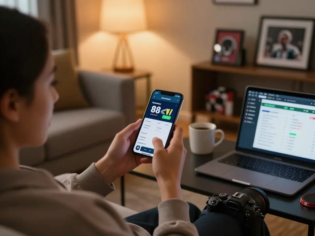 Person enjoying mobile sports betting on the 88vv app in a cozy living room setting.