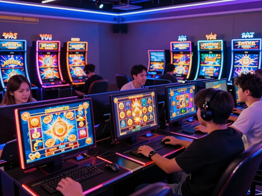 Exciting scene of players engaging with nổ hũ đổi thưởng slots in a modern online casino environment.