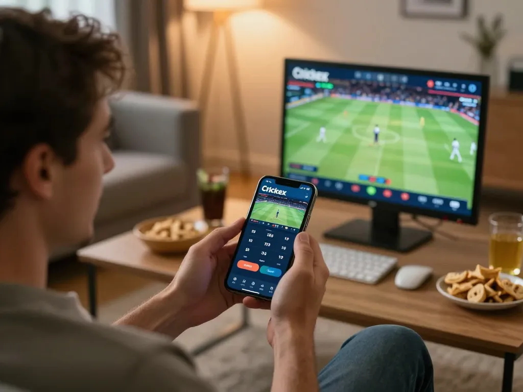 Engaging user placing cricket bets on Crickex app during live match in a cozy setting