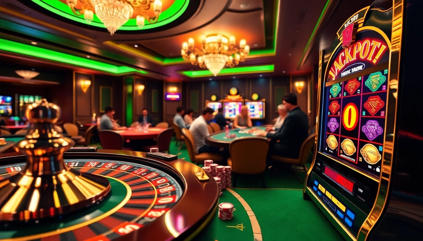 A captivating casino scene showcasing the thrill of gambling at alo789 vn with poker chips, roulette, and a jackpot slot machine.