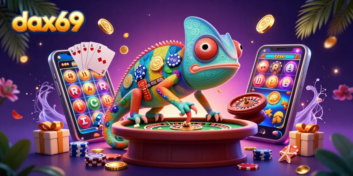 Memenangkan permainan slot dengan dax69, chameleon kasino yang mengawasi berbagai permainan sambil mengumpulkan koin emas.