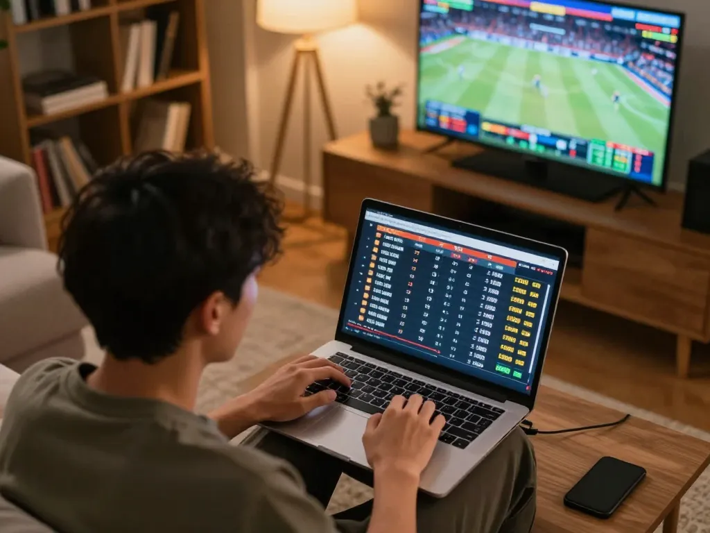 Engaged user betting on sports via okfun com on a laptop in a cozy living room.