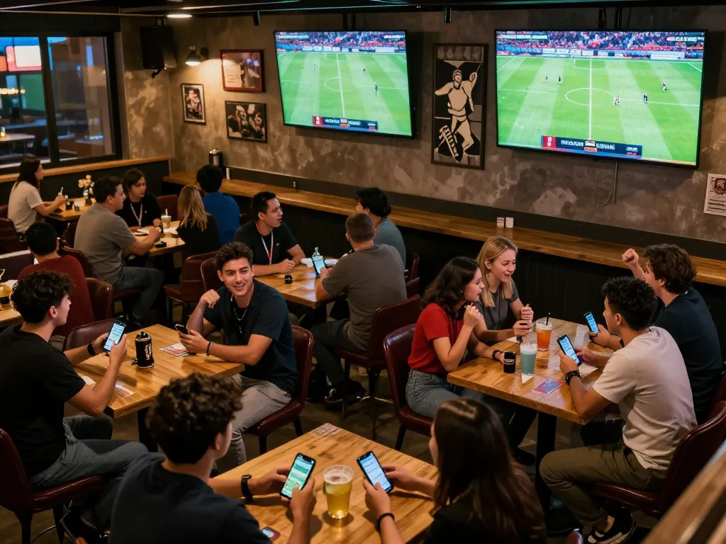 Watching Trực tiếp bóng đá socolive in a lively sports bar, with patrons actively engaged in betting and celebrating.