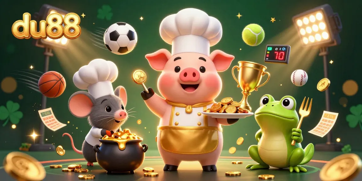 Bet on exciting moments with du88 featuring a chef pig, chocolate fountain, and sports elements.