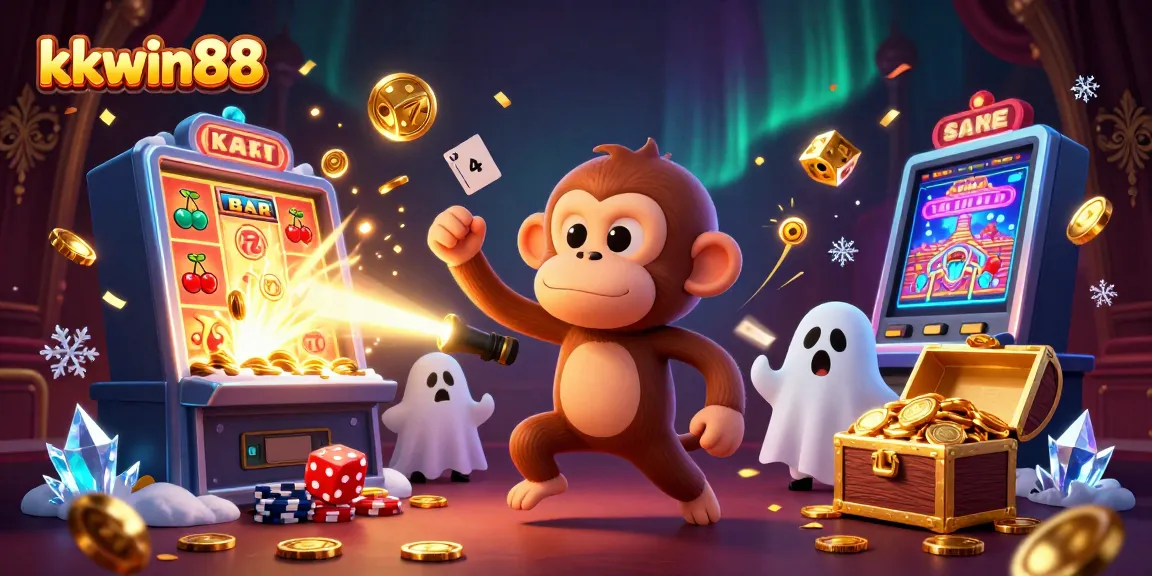 Engage with kkwin88's vibrant casino scene filled with golden game elements and a playful ghost-hunter puppy.