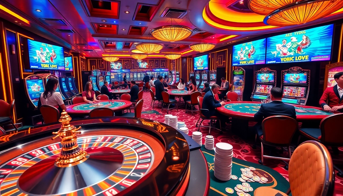 Gambling at đá gà trực tiếp wala88 with players at casino tables, poker chips, and live viewing screens.
