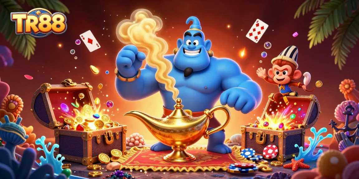 TR88 showcases exhilarating casino action with a vibrant genie, monkey, and poker chips in a magical setting.