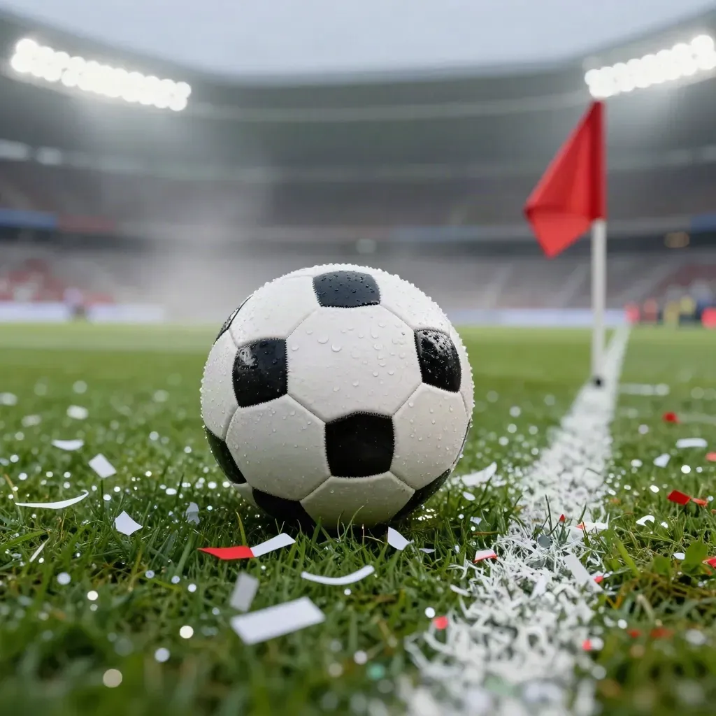 Pallone bagnato, coriandoli e bandierina rossa su prato illuminato dallo stadio.