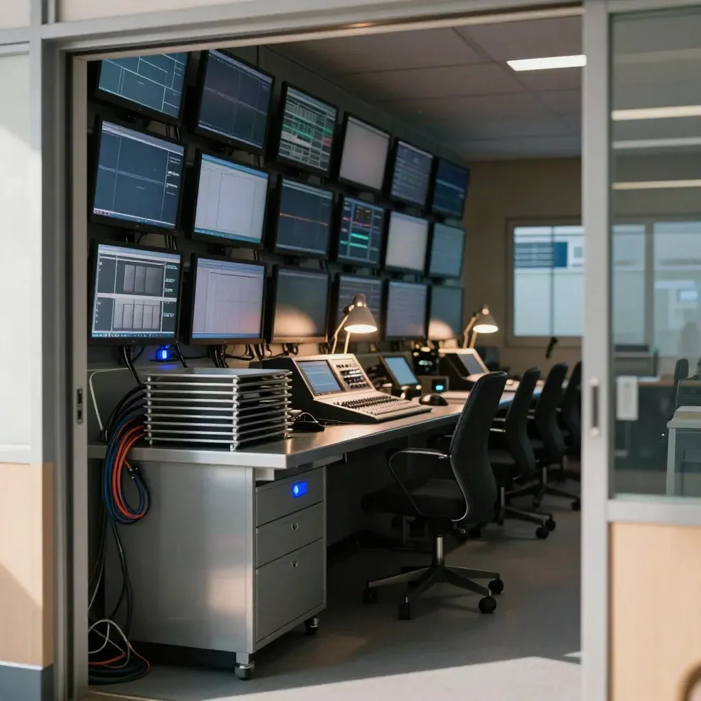 Sala regia news con monitor, luci blu e lampade accese al mattino
