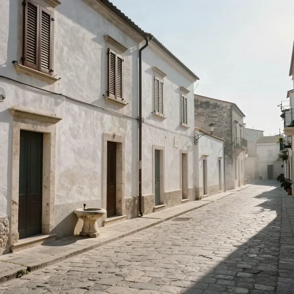 Via assolata del Sud con case in pietra, fontana e calore tremolante.