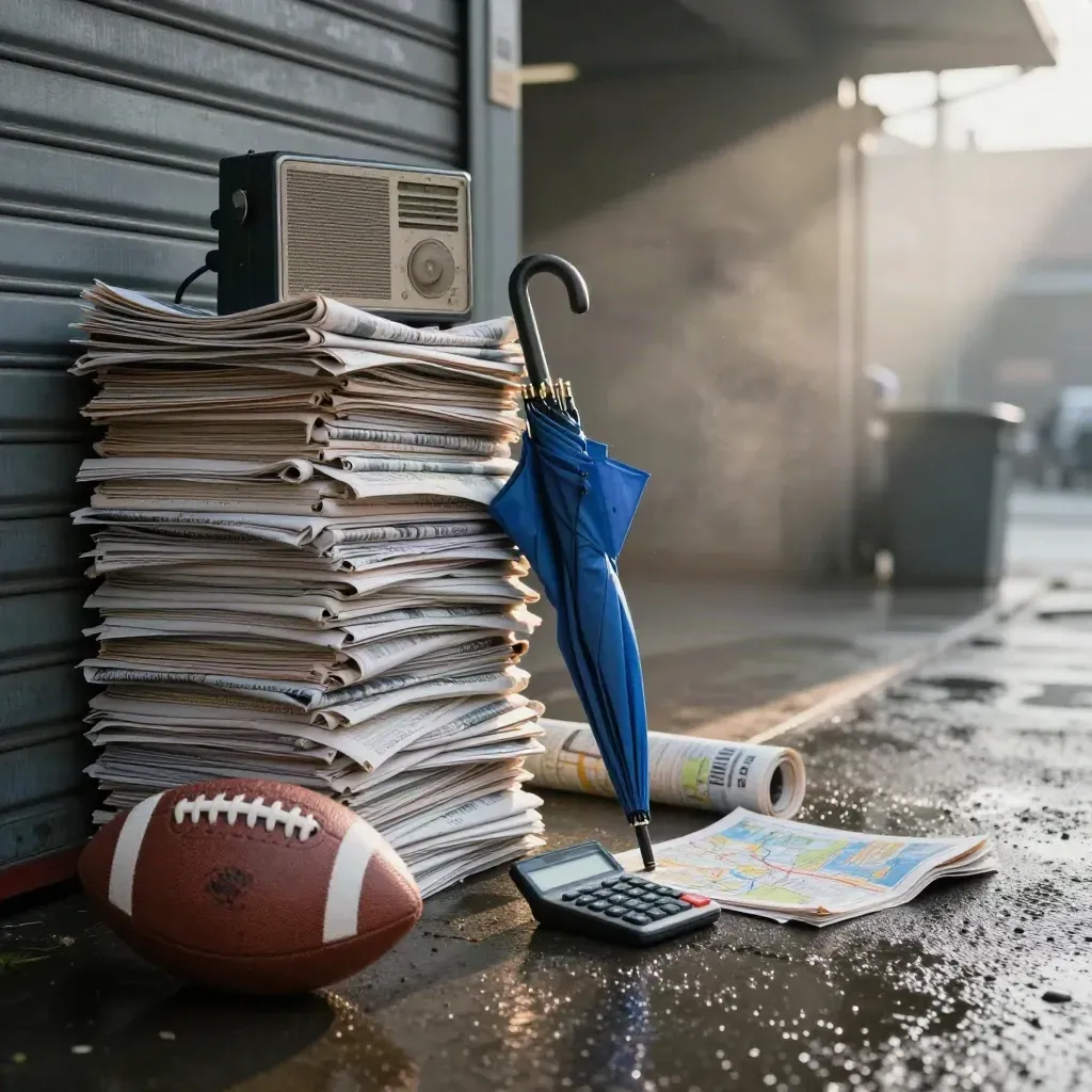 Pile di giornali bagnati, radio metallica, ombrello e mappa in un’alba piovosa.