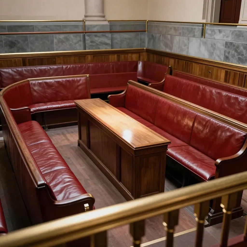 Aula parlamentare vuota con banchi in pelle rossa e luce drammatica dall’alto.