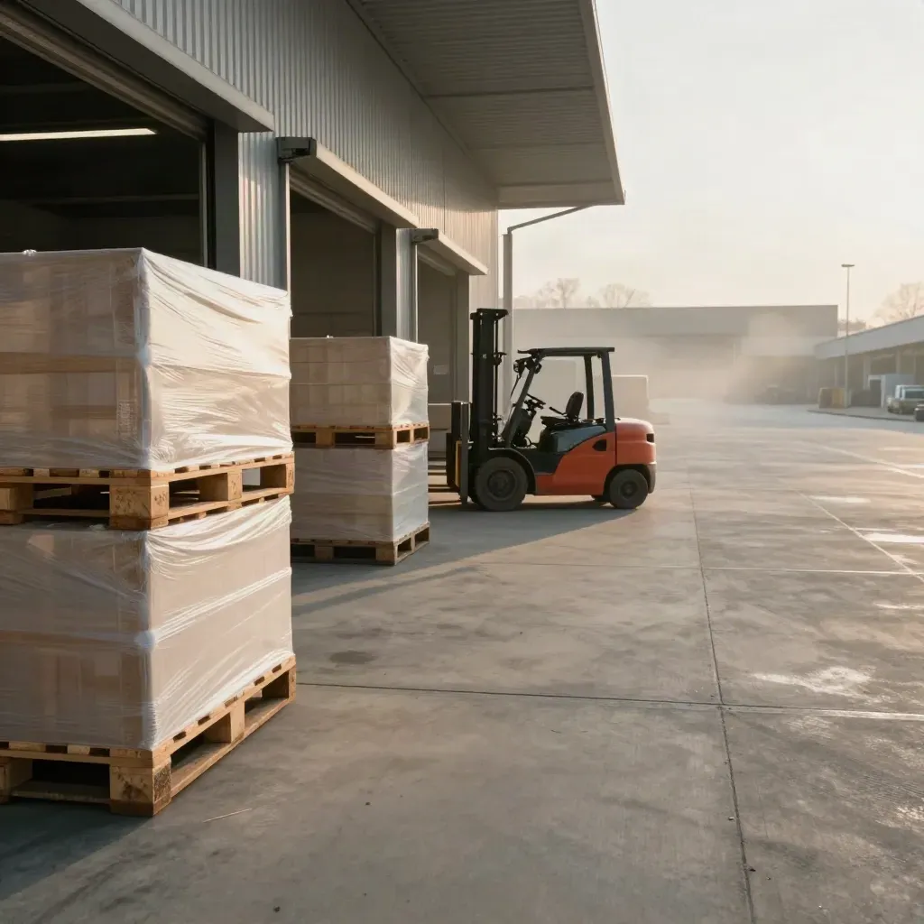 Banchina logistica all’alba con pallet sigillati e casse impilate, luce radente e polvere