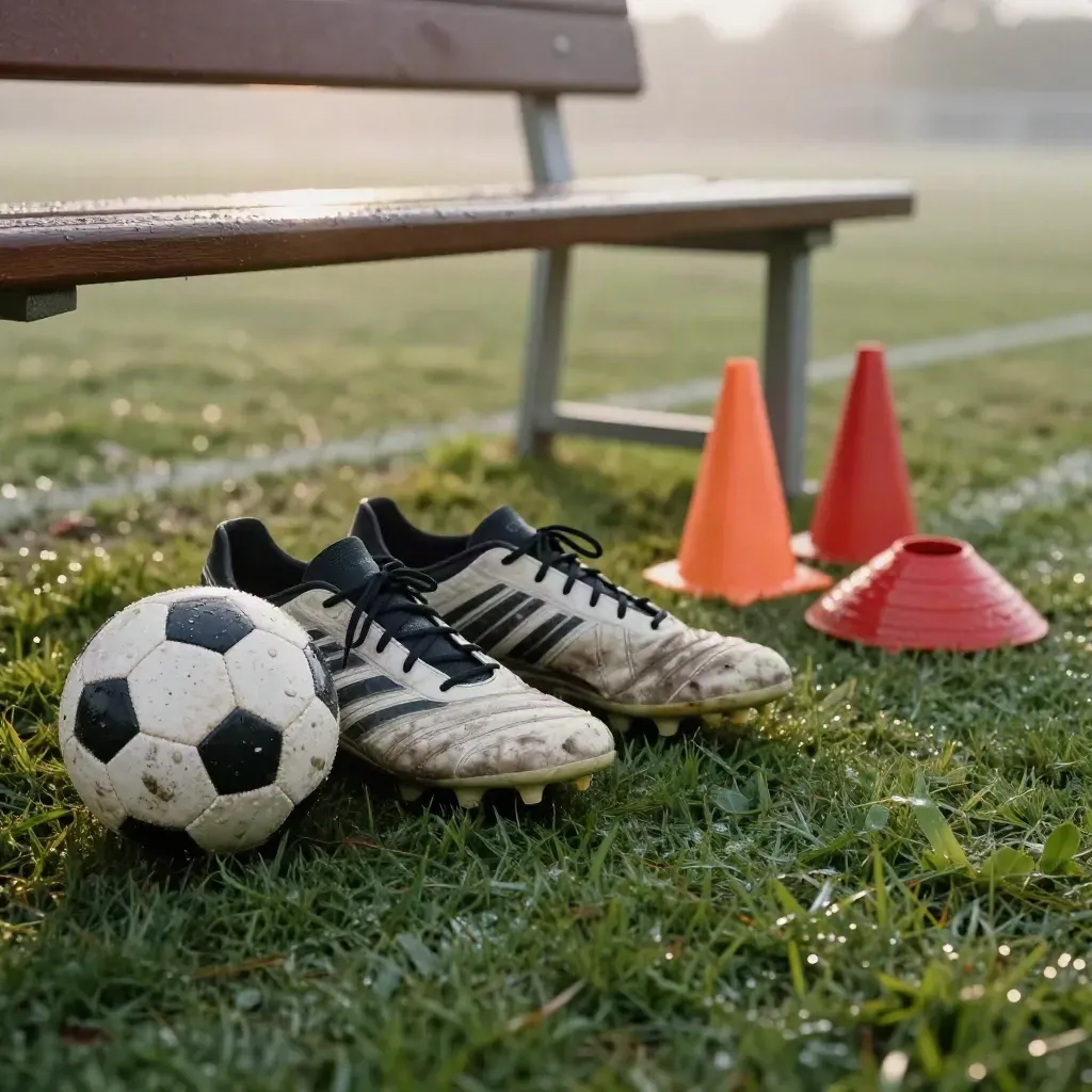 Scarpe da calcio, palloni e coni bagnati accanto a una panchina al bordo campo nel tardo pomeriggio.