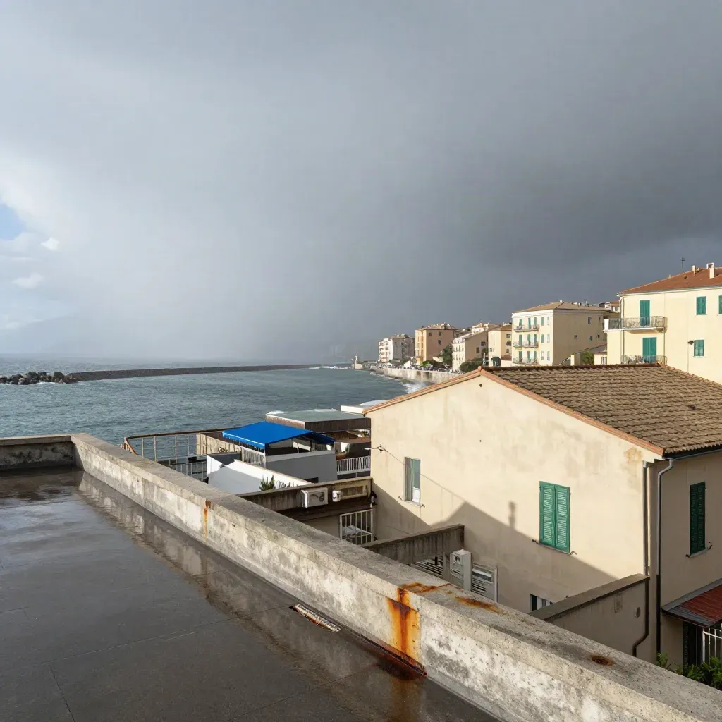 Città costiera sotto un temporale, pioggia e spray avvolgono il mare e i palazzi.