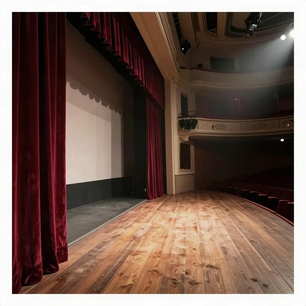 Palco teatrale vuoto con sipario semichiuso e un fascio di luce, prima dell’inizio