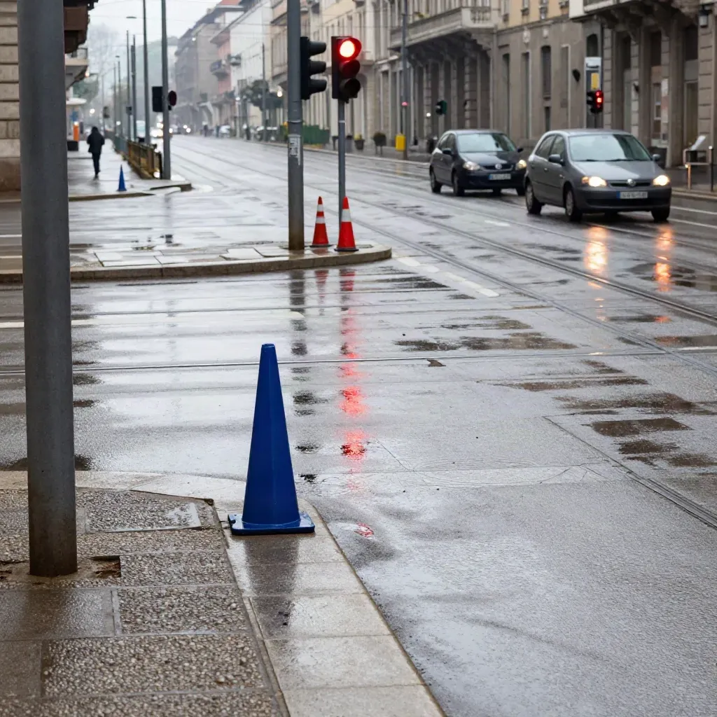 Incrocio milanese bagnato con rotaie del tram, auto in curva e riflessi nella pioggia