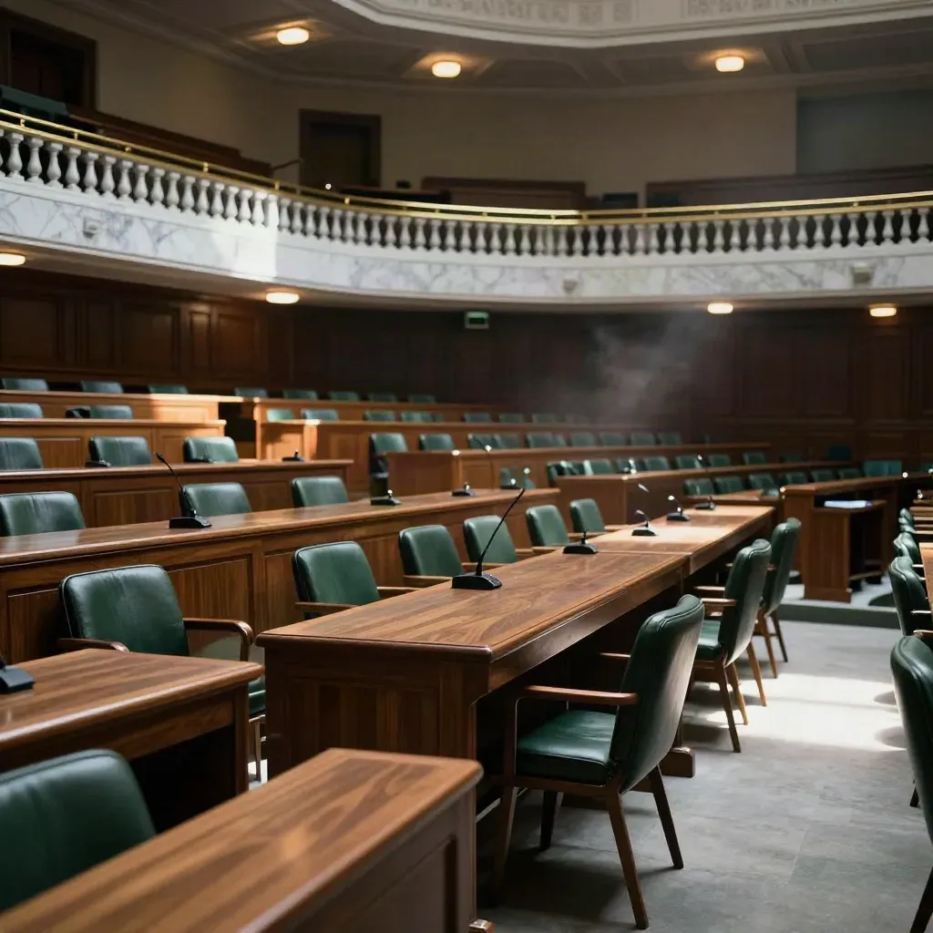Aula parlamentare vuota con banchi di legno e luci calde dopo una votazione