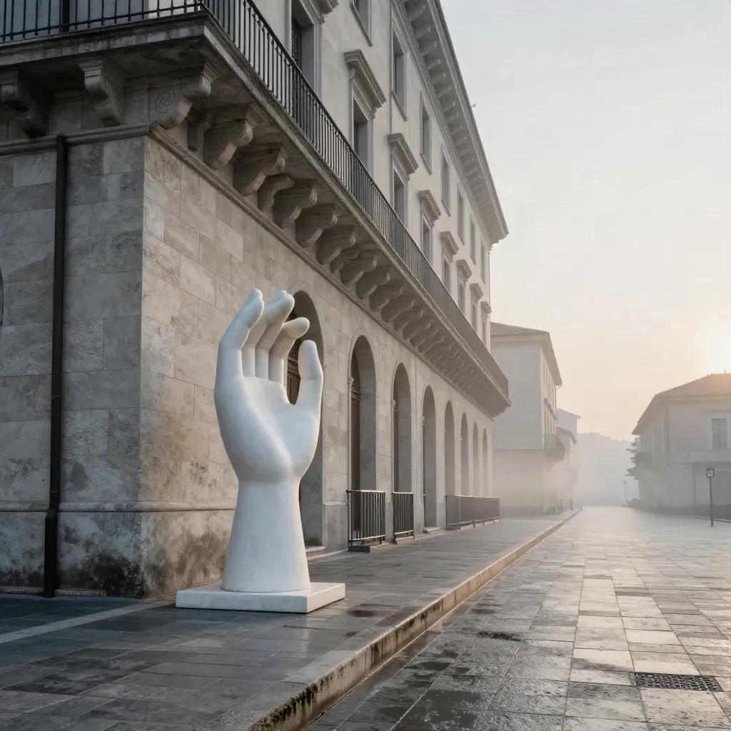 Palazzo Mezzanotte e la scultura a mano all’alba, piazza fredda e cielo chiaro.